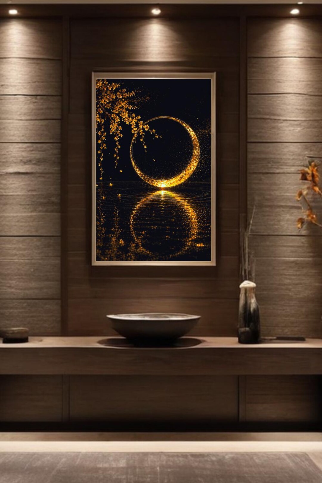 Golden Sakura Enso Wall Art Canvas, Japanese Zen Circle Wall Decor ...