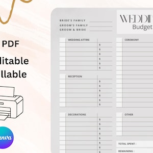 Puede incluir: Un planificador de presupuesto de boda gris con secciones para gastos de vestimenta, recepción y ceremonia. El documento está etiquetado como "Presupuesto de boda" e incluye campos rellenables. Las palabras "PDF", "Editable" y "fillable" también son visibles.