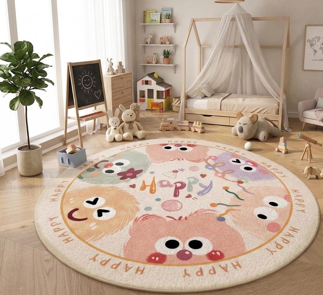 Colorful Happy Monster Round Rug, Cute Nursery Circle Area Rug, Kawaii ...