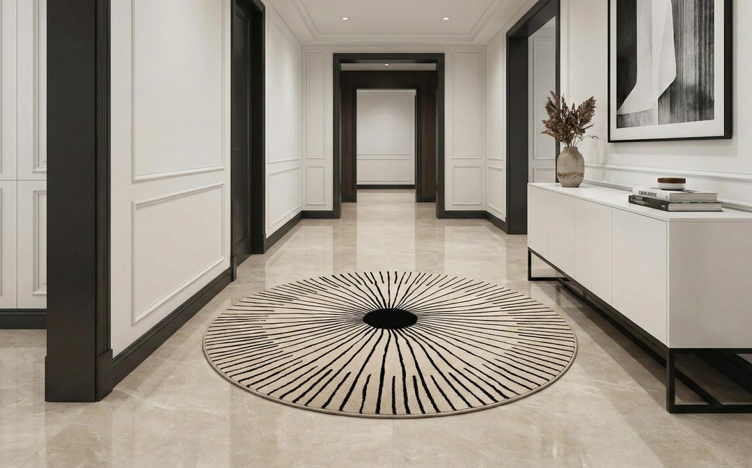 Round Abstract Sunburst Rug, Minimalist Black and Cream Circular Area ...