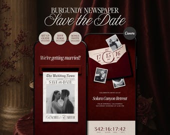Burgundy Newspaper Save the Date Website Template • Editable Canva Wedding Invitation with RSVP • Digital Download