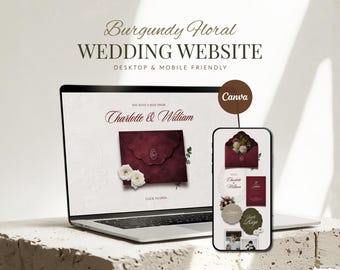 Burgundy Floral Wedding Website Template • Editable Canva Invitation with RSVP • Digital Download