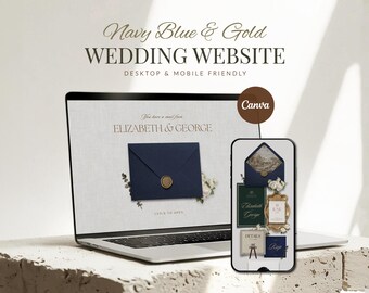 Old Money Navy Blue & Gold Wedding Website Template • Editable Canva Wedding Invitation with RSVP • Digital Download
