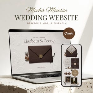 Puede incluir: Un portátil y un smartphone muestran un diseño de sitio web de bodas. El sitio web, titulado "Mocha Mousse WEDDING WEBSITE", presenta un diseño de sobre marrón con los nombres "Elizabeth & George". El logotipo de Canva es visible. El diseño es apto para escritorio y móvil.
