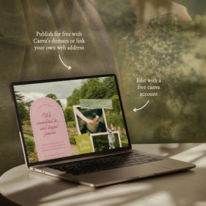 Elegant romantic wedding website template with floral garden design, love letter inspired Canva invite with RSVP and soft feminine digital invitation