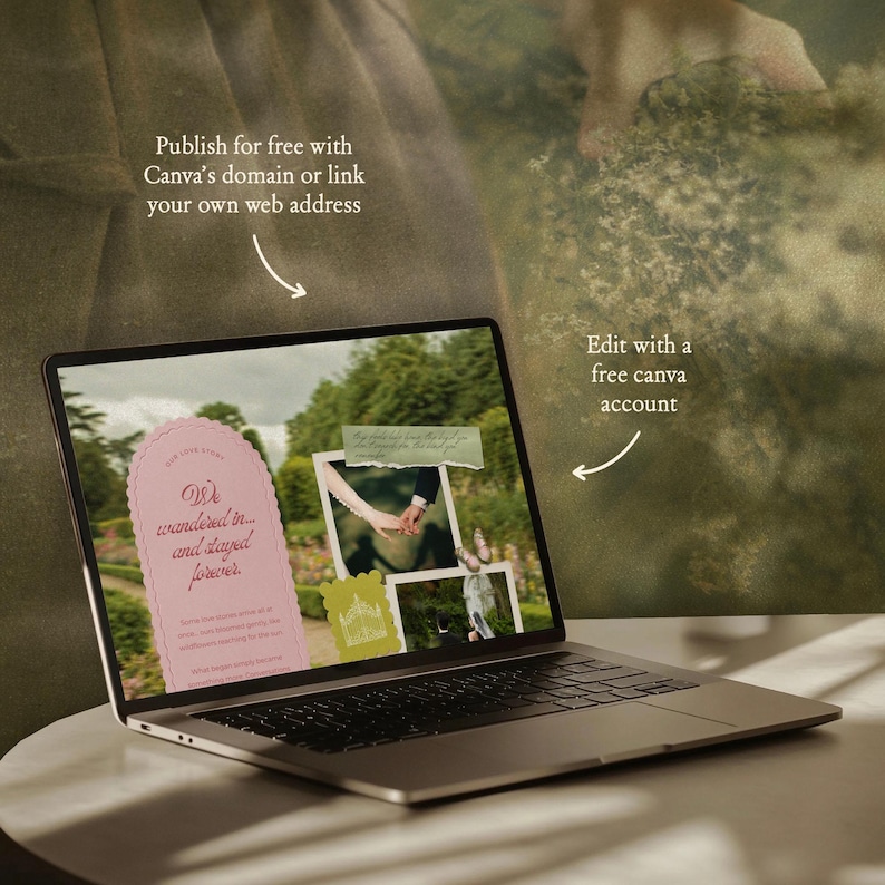 Elegant romantic wedding website template with floral garden design, love letter inspired Canva invite with RSVP and soft feminine digital invitation