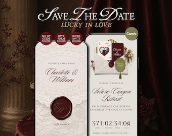 Playing Card Save the Date Website Template • Burgundy & Olive Green Wedding Invitation with RSVP • Digital Download