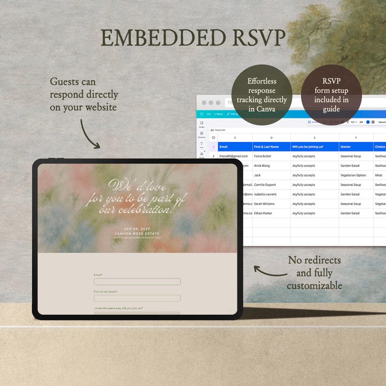 Pink and green floral wedding website template with love letter aesthetic, romantic Canva wedding invitation with RSVP for garden and outdoor weddings