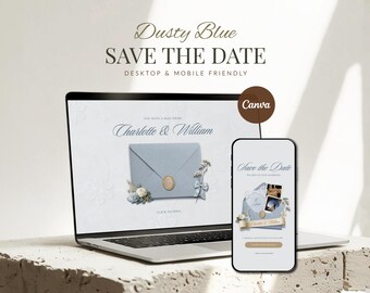 Dusty Blue Save The Date Website Template • Editable Canva Wedding Announcement with RSVP • Digital Download