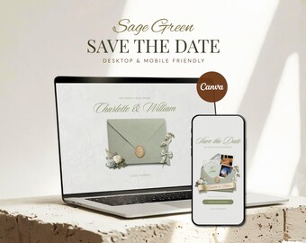 Sage Green Save The Date Website Template • Editable Canva Wedding Announcement with RSVP • Digital Download