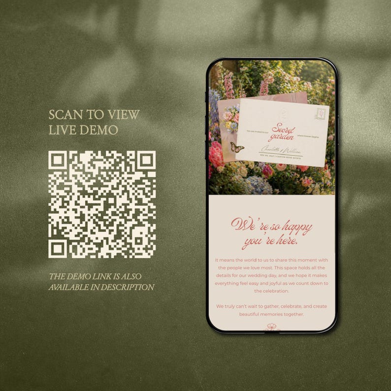 Floral garden wedding website template featuring postcard style layout, romantic Canva wedding invitation with RSVP and soft feminine aesthetic design