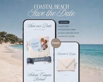 Coastal Beach Save the Date Website Template • Editable Canva Wedding Invitation with RSVP • Digital Download