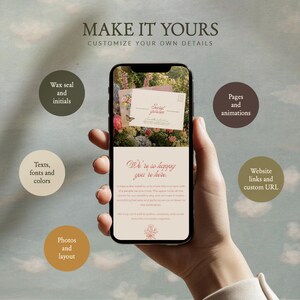 Floral Canva wedding website template with soft pink tones and botanical elements, romantic digital wedding invite with RSVP and secret garden theme