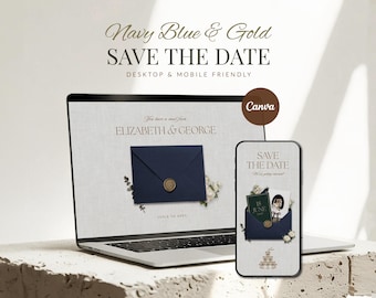 Old Money Navy Blue & Gold Save The Date Wedding Website Template • Editable Canva Wedding Announcement with RSVP • Digital Download