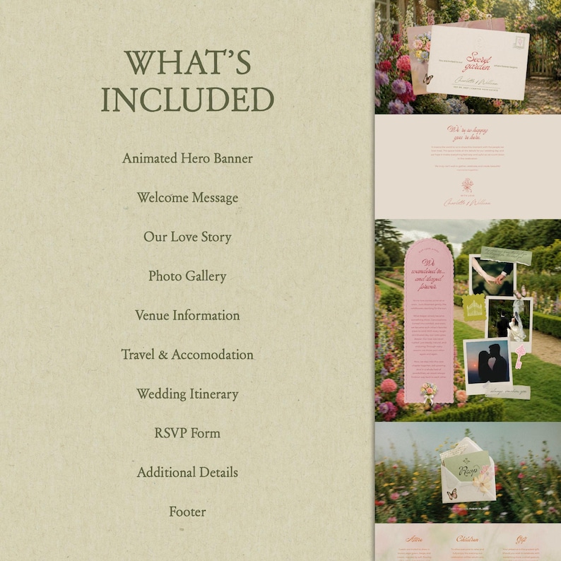 Secret garden wedding website template with layered paper details, floral Canva wedding invitation with RSVP, romantic digital wedding site for elegant brides