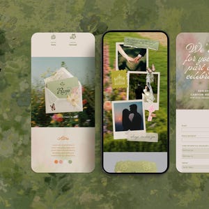 Love letter inspired wedding website template with soft pink florals and sage green accents, editable Canva wedding invite with RSVP and vintage stationery feel