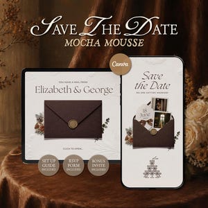 Mocha Mousse Brown Save The Date Website Template • Editable Canva Wedding Announcement with RSVP • Digital Download