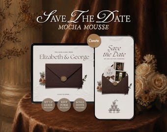 Mocha Mousse Brown Save The Date Website Template • Editable Canva Wedding Announcement with RSVP • Digital Download