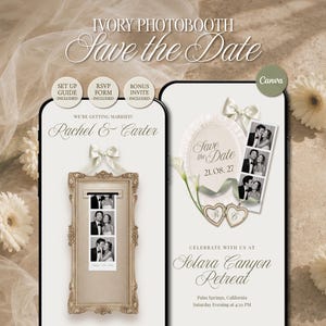 Puede incluir: Una plantilla digital Save the Date para fotomatón en color marfil con dos pantallas de smartphone que muestran diseños de boda con texto elegante, un marco dorado ornamentado, tiras de fotos, lazos blancos e ilustraciones de calas.