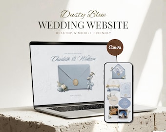 Dusty Blue Wedding Website Template • Editable Canva Invitation with RSVP • Digital Download
