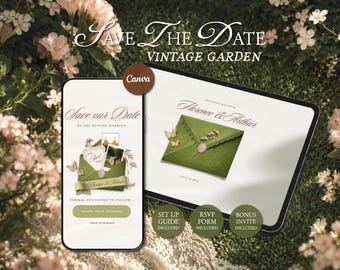 Vintage Garden Save The Date Website Template • Editable Canva Wedding Announcement • Digital Download
