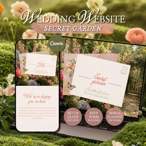 May include: A digital wedding website template titled Secret Garden displayed on a laptop and smartphone screen. The design features cream-coloured stationery with floral accents, a butterfly illustration, and text including Charlotte and William.