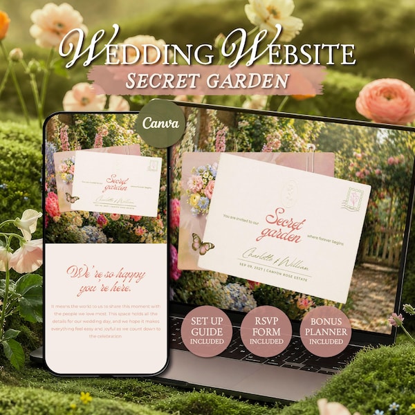 Secret Garden Wedding Website Template • Editable Canva Invitation with RSVP • Digital Download