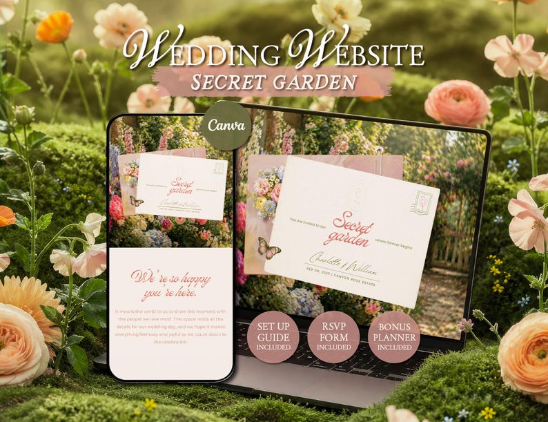 Romantic floral wedding website template with pink and green garden design, love letter inspired Canva wedding invite with RSVP and soft editorial aesthetic