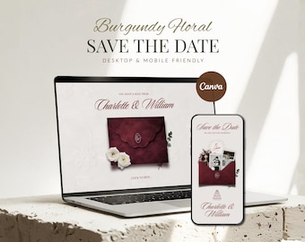 Burgundy Floral Save The Date Website Template • Editable Canva Wedding Announcement with RSVP • Digital Download