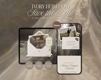 Vintage Ivory Save the Date Website Template • Editable Canva Wedding Invitation with RSVP • Digital Download