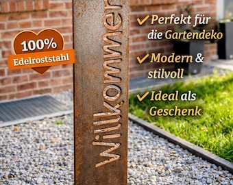 Cartello di benvenuto con finitura effetto ruggine, 145 cm – Elegante e moderno cartello di benvenuto in metallo effetto ruggine per ingresso di casa e giardino – Decorazione in metallo per ingresso – Tagliato al laser da acciaio