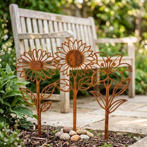 Estacas de Jardim de Flores de Metal Coelhinhos, Pátina de Ferrugem de 3 Peças, 30 x 11 cm