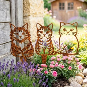 Vintage Gartenstecker Katze Rostoptik 3er Set – Metall Deko Patina – Garten Dekoration Outdoor