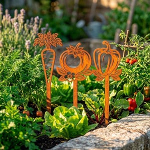 Gartenstecker, Vintage Boho Rost Patina 3-delat set med grönsaksmotiv