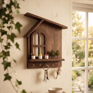 May include: A dark brown wooden wall-mounted key holder shaped like a house with a pitched roof. It features a decorative arched window frame, a small shelf holding three tiny potted plants and two miniature trees, and five metal hooks for keys.
