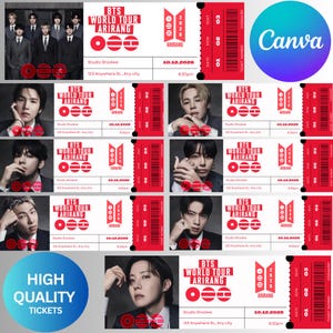 May include: A collage of red concert tickets with the text "BTS WORLD TOUR ARIRANG" and images of the band members. The tickets include details like the date, time, and seat information. A blue circle with "HIGH QUALITY TICKETS" is also present.