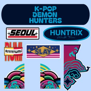 May include: A collection of colorful stickers with various designs and text. The stickers include the phrases "K-POP DEMON HUNTERS", "SEOUL", "HUNTRIX World Tour", "Rrrrrrumi", and "SLAY". The stickers feature a variety of shapes and colors, including blue, red, yellow, and pink.