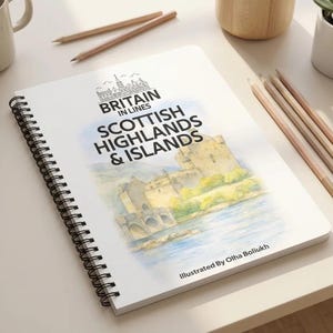Kleurboek Schotse Hooglanden en eilanden, landschapsillustratie, A4 draadgebonden, kleurboek voor volwassenen