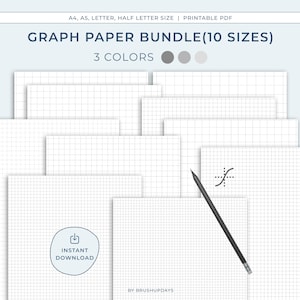 May include: A bundle of graph paper in various sizes, including A4, A5, and half-letter, with 3 color options. The text "GRAPH PAPER BUNDLE (10 SIZES)" is displayed. A pencil and a mathematical symbol are also visible. The words "INSTANT DOWNLOAD" are also displayed.