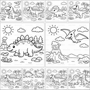 Op de afbeelding: Een verzameling zwart-wit illustraties van dinosaurussen. Elke afbeelding toont een andere dinosaurus in een prehistorische omgeving met bomen, vulkanen en de zon. Geschikt om in te kleuren.