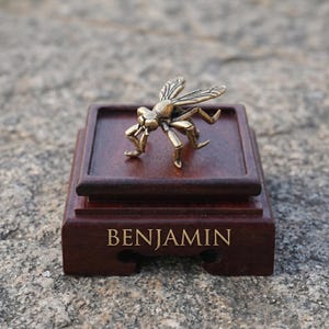 Op de afbeelding: Een klein koperen insectbeeldje met gedetailleerde vleugels en poten, gemonteerd op een donkerbruine houten displayvoet. De voorzijde van de houten voet bevat de naam BENJAMIN gegraveerd in goudkleurige hoofdletters, gecentreerd op de voorzijde.