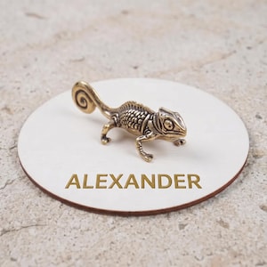 May include: A small, metallic, bronze-colored chameleon figurine with a textured, scaled body and a curled tail, positioned on a circular white disc that features the name ALEXANDER printed in gold capital letters on its surface.