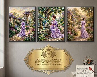 Victorian Garden Triptych Art, Oil Painting Prints, Romantic Woman Botanical Scene (Digital Download)