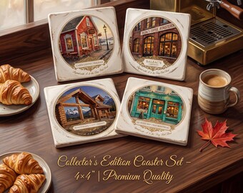 Canadian Cafe Coaster Set, Oil Painting Art Prints, Vintage Coffee Decor (Digital Download)
