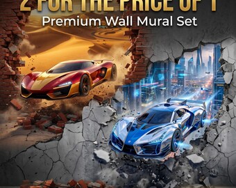 Futuristic Supercar Wall Mural Set – Red Gold Desert, Blue Cityscape (Digital Download)