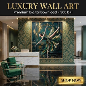 Smaragdgoldene Ballerina Impasto Ölgemälde – Luxuriöse Arabesken-Tanzkunst (Digitaler Download)