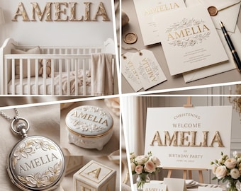 Custom Floral Name Letters: Gold Heritage Nursery Wall Art (10000px PNG)