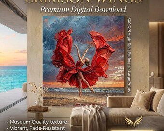 Crimson Wings Ballerina Impasto Oil Painting – Beach Mural (Digital Download)