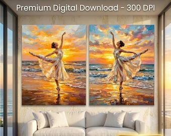 Golden Sunset Diptych – Impasto Oil Paintings, Ballerina Beach Murals (Digital Download)