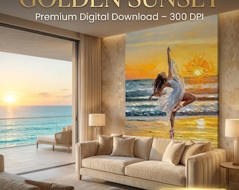 Golden Sunset Ballerina Impasto Oil Painting – Coastal Mural (Digital Download)